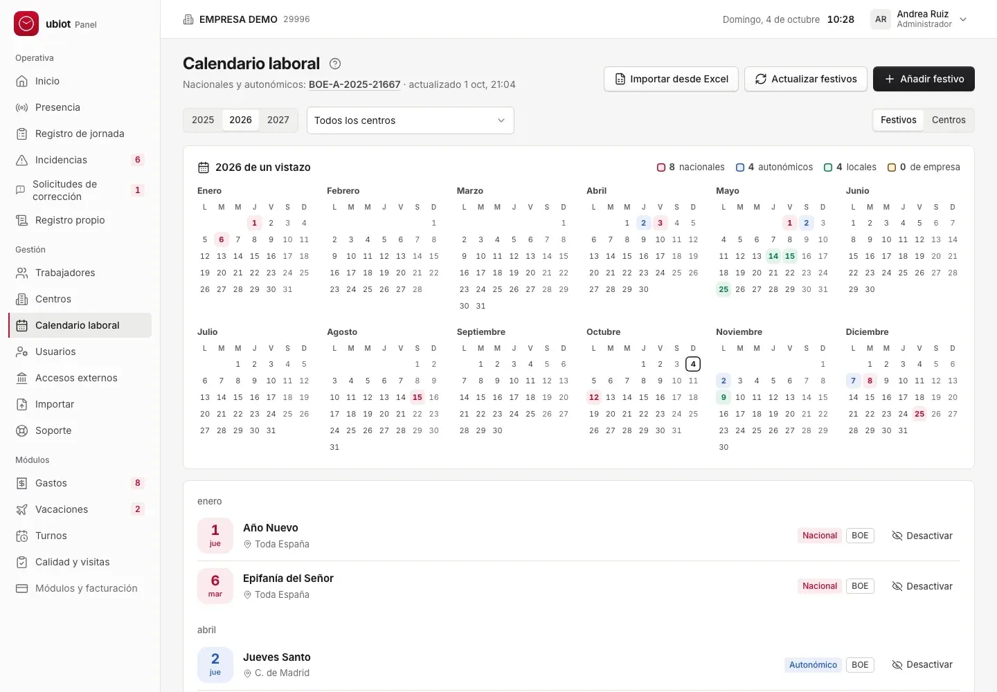 Calendario laboral con festivos nacionales, autonómicos y locales del año