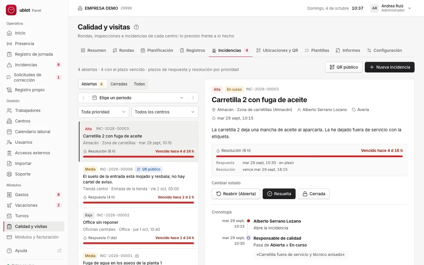 Incidencias con prioridad, plazo de respuesta y etiqueta de QR público