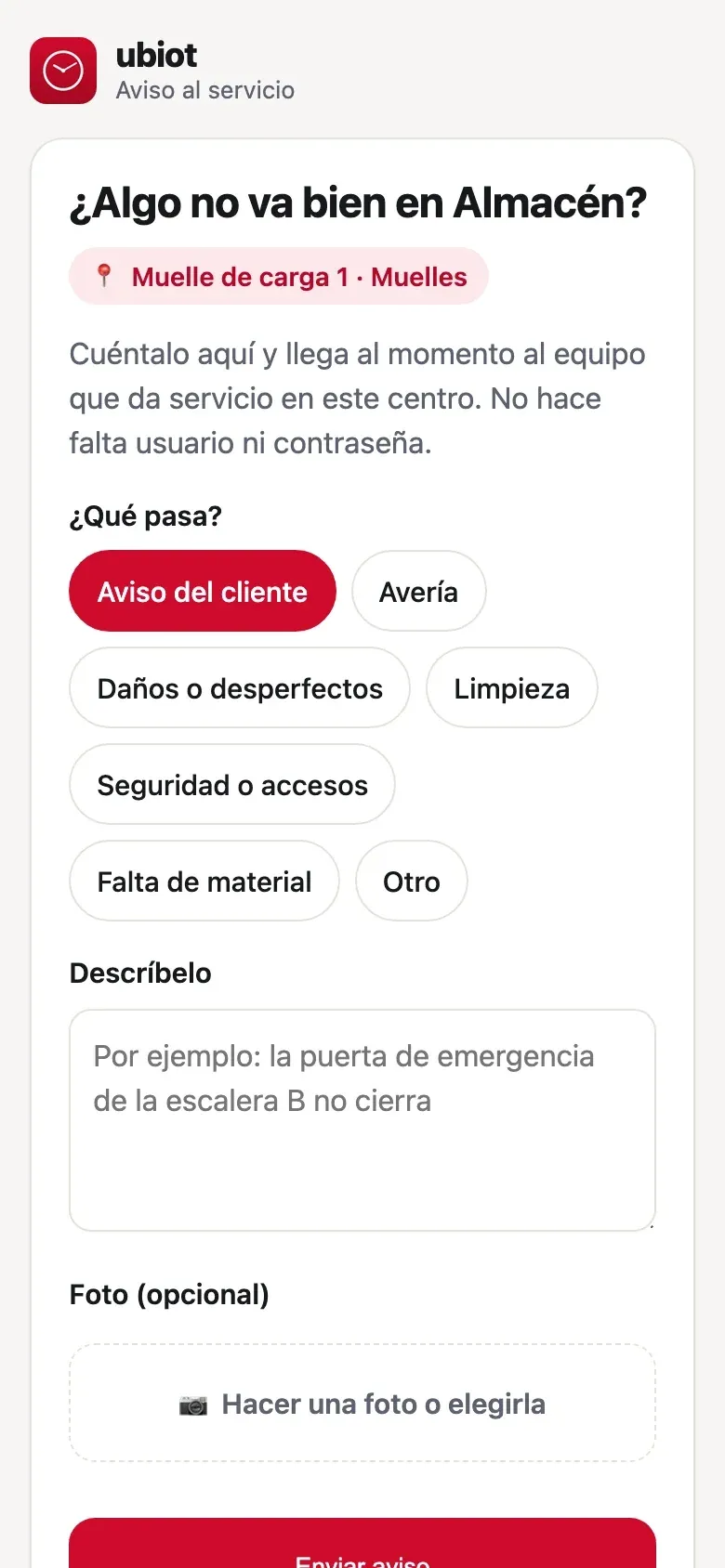 Aviso por QR: un usuario del centro avisa de algo que no va bien, sin usuario ni contraseña