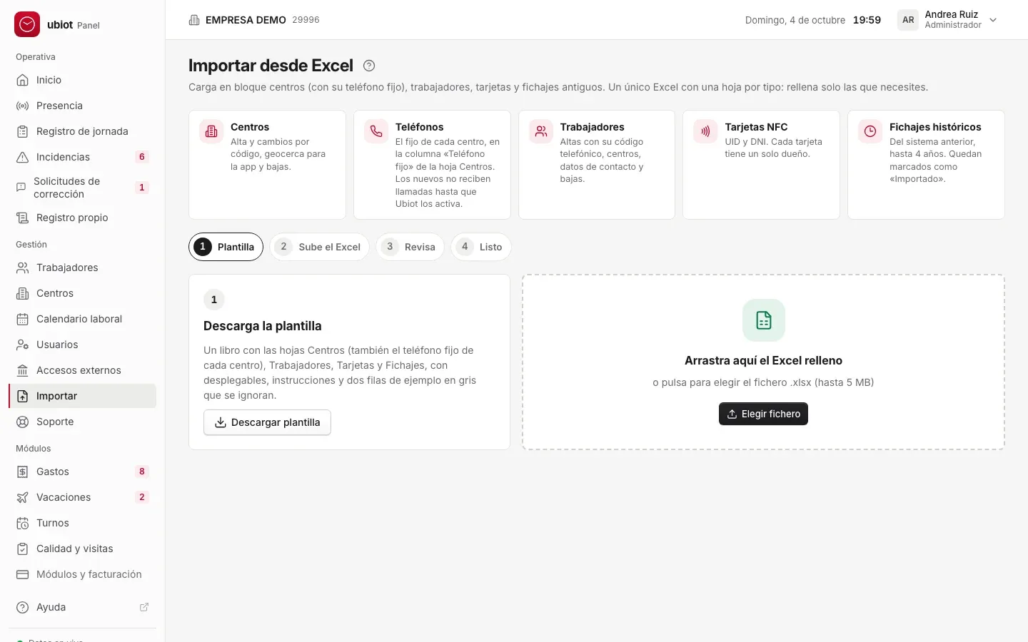 Importar desde Excel: hojas para centros, teléfonos, trabajadores, tarjetas NFC y fichajes históricos, y los cuatro pasos: plantilla, subir, revisar y listo
