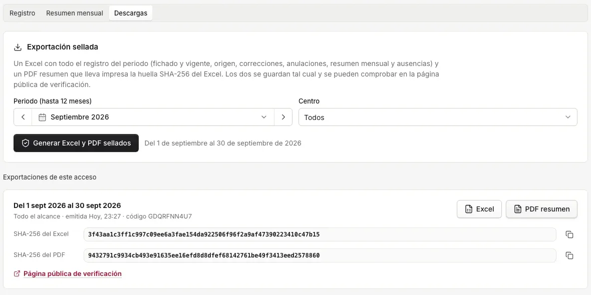 Vista de la Inspección de Trabajo: exportación sellada del registro de septiembre con el Excel, el PDF resumen, sus huellas SHA-256 y el enlace a la página pública de verificación