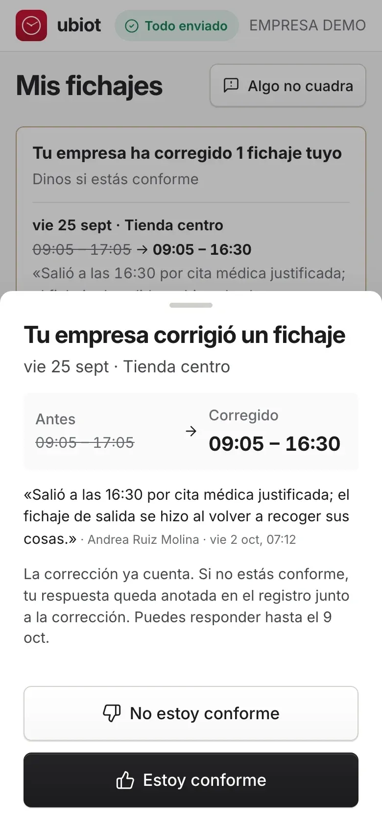 App del empleado: la corrección de la empresa con la hora antes y después, el motivo y los botones Estoy conforme y No estoy conforme