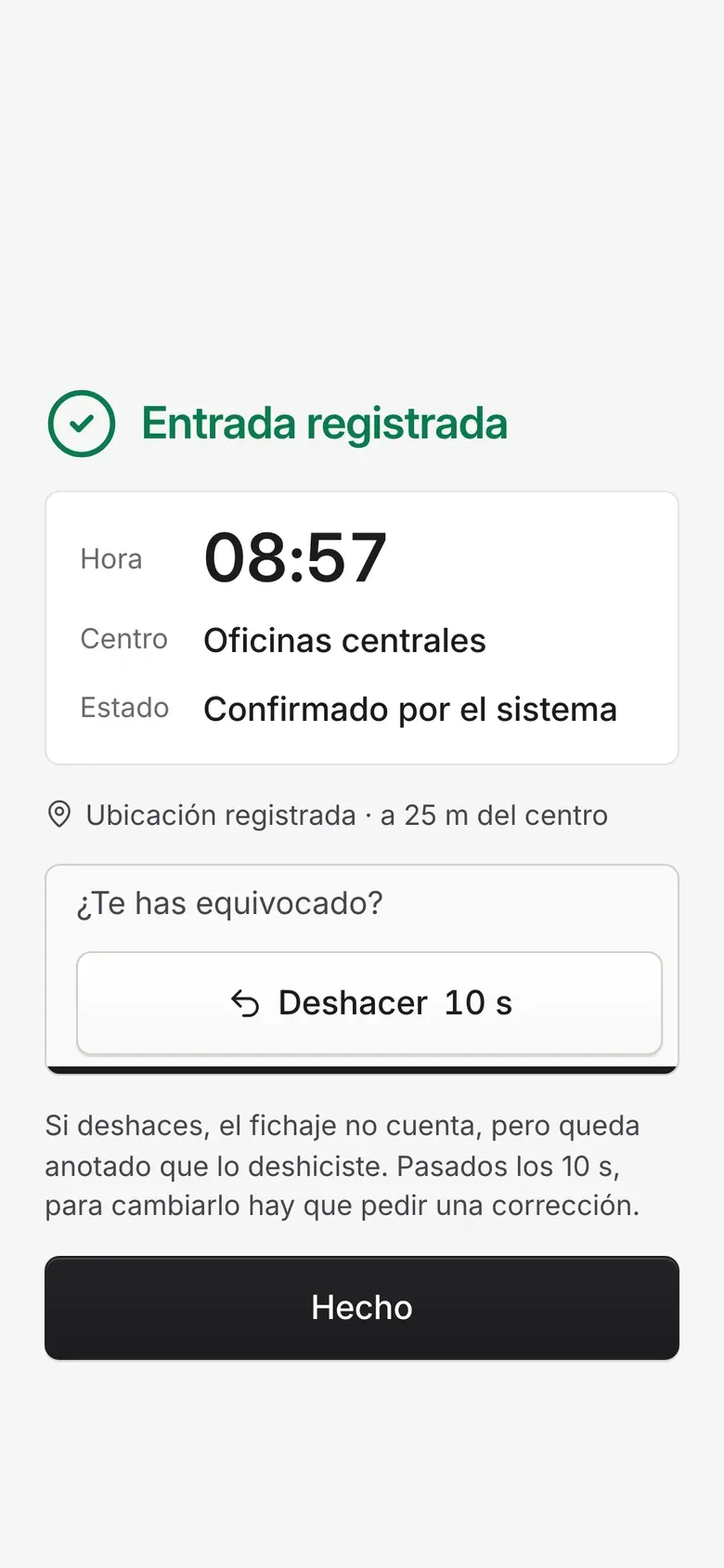 App del empleado: entrada registrada con la hora y el centro, y el botón Deshacer con la cuenta atrás de 10 segundos