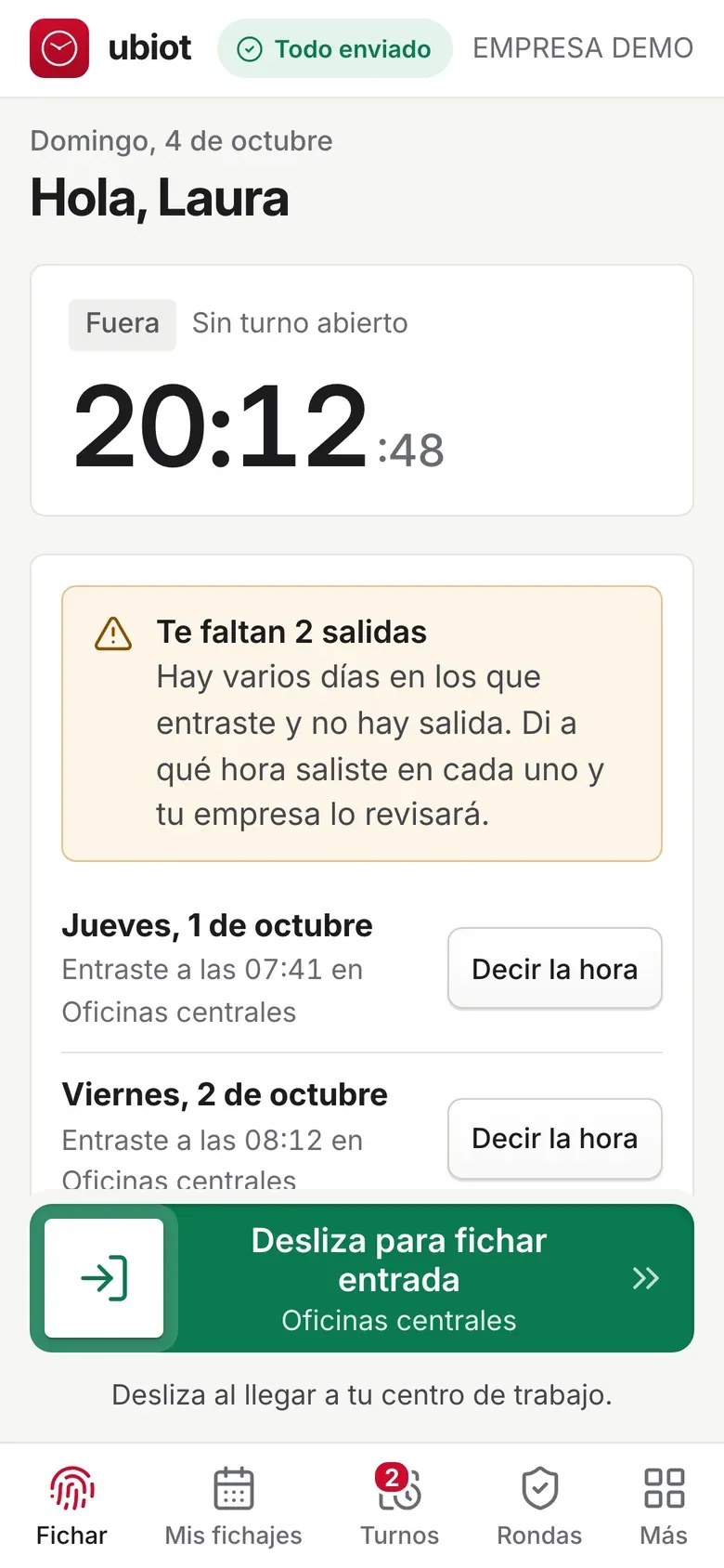 Portal del empleado de Ubiot en el móvil: desliza para fichar la entrada en el centro de trabajo