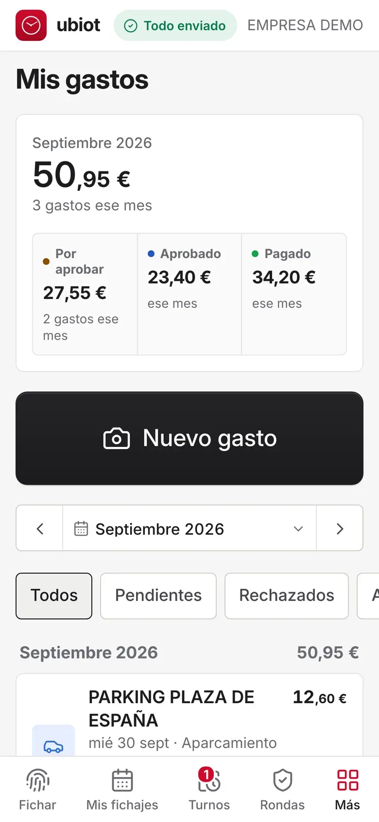 Mis gastos en el portal del empleado: total del mes, lo que está por aprobar, aprobado y pagado, y el botón Nuevo gasto