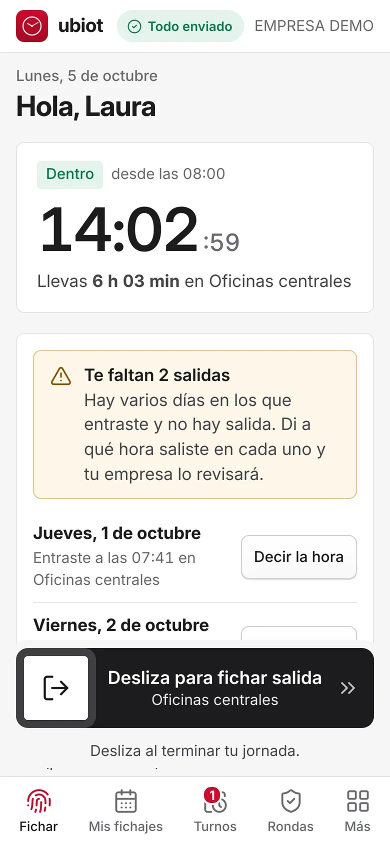 Portal del empleado: dentro desde las 8:00, aviso de dos salidas sin fichar con el botón Decir la hora y el botón Desliza para fichar salida