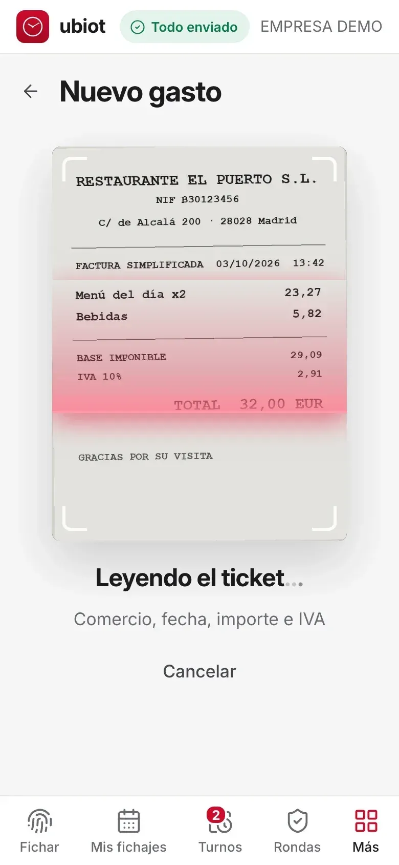 Portal del empleado: la IA leyendo el ticket recién fotografiado