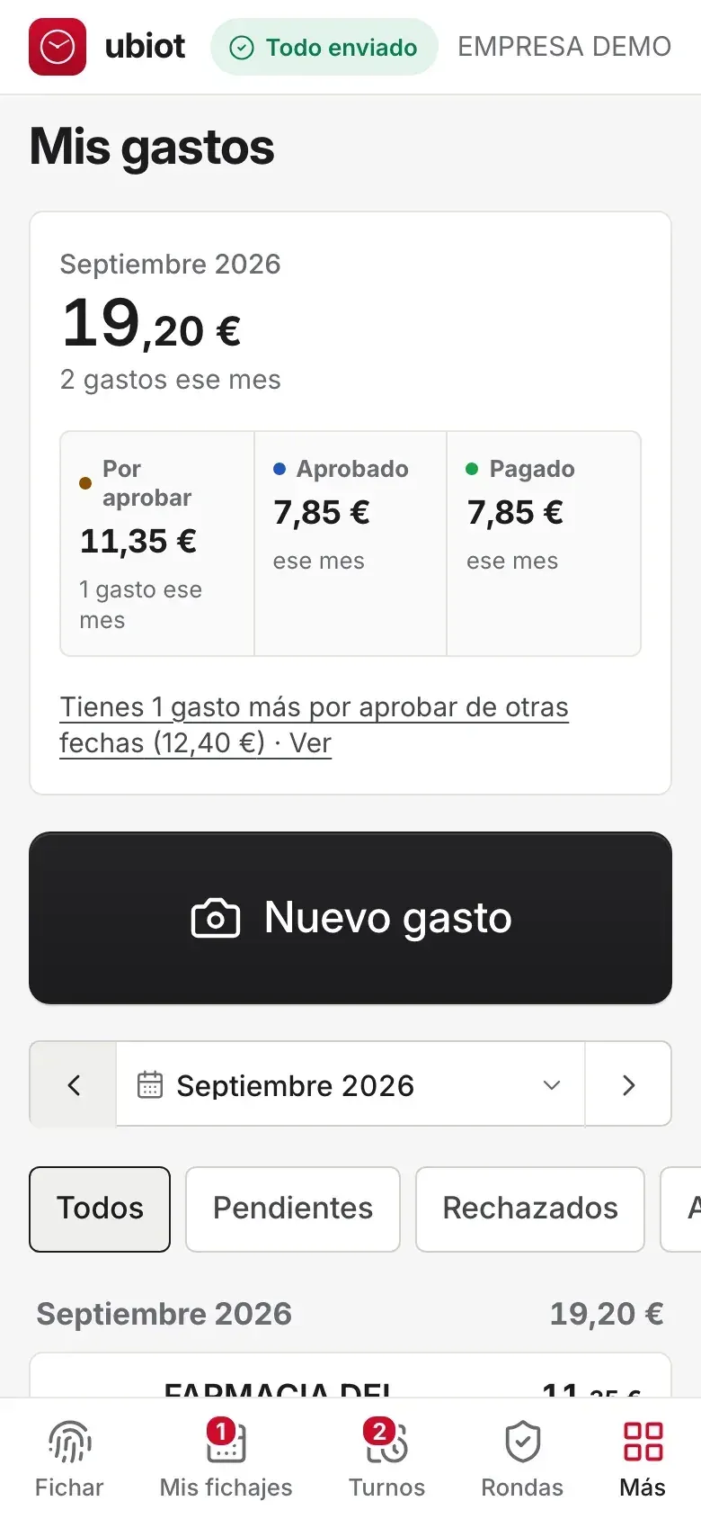 «Mis gastos» en el portal del empleado: total del mes, lo que está por aprobar, aprobado y pagado, y el botón Nuevo gasto