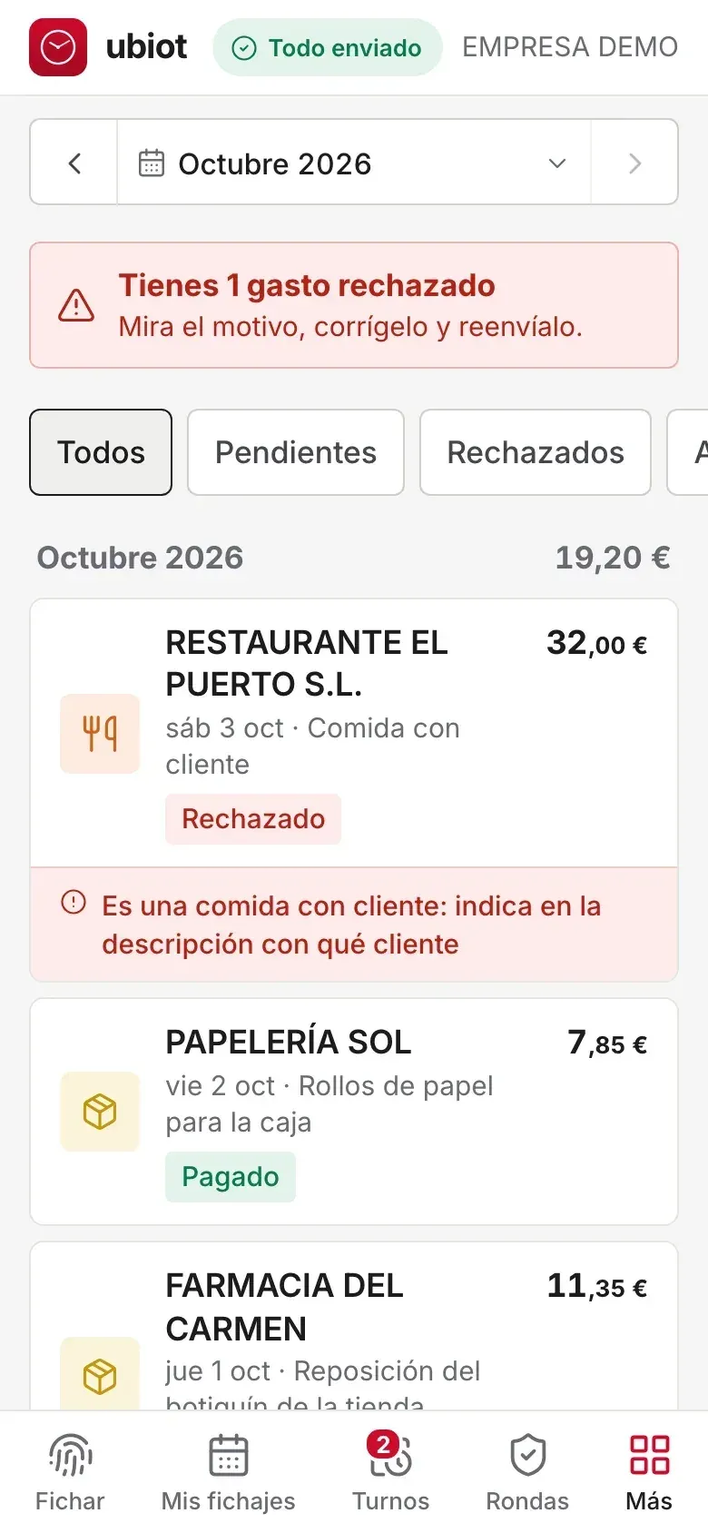 Portal del empleado: aviso de gasto rechazado con el motivo, para corregirlo y reenviarlo