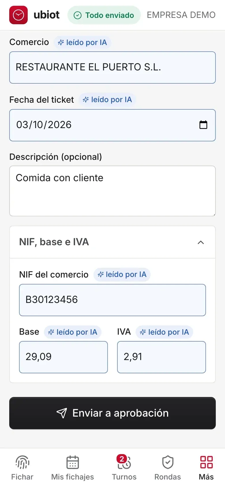 Portal del empleado: comercio, fecha, NIF, base e IVA marcados como leídos por IA, listos para revisar y enviar