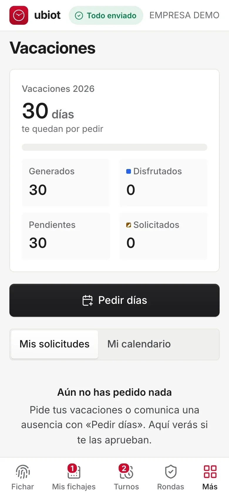 Portal del empleado: saldo de vacaciones y botón Pedir días