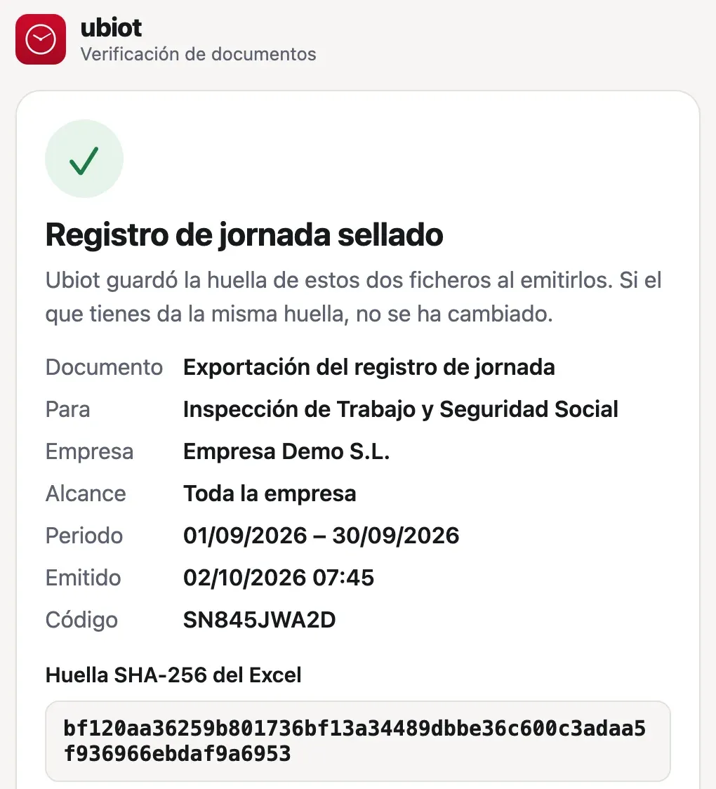 Página pública de verificación de una exportación sellada con las huellas SHA-256 del Excel y del PDF