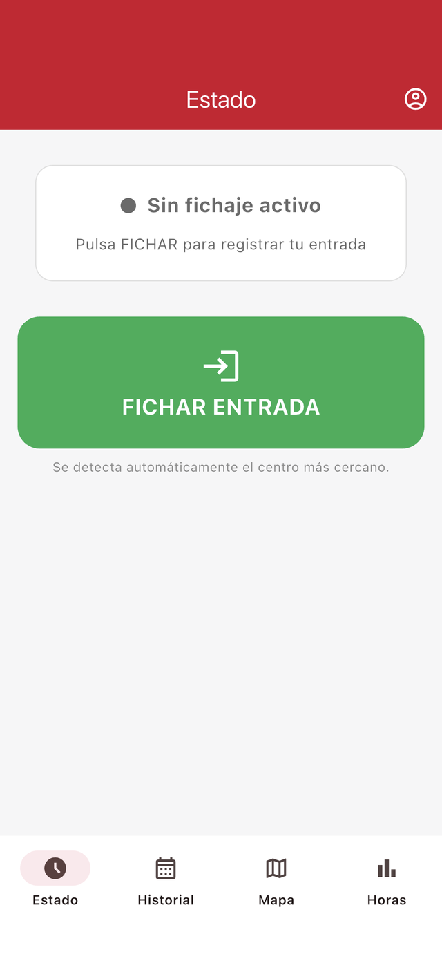 App Fichaje Ubiot: pantalla de estado del fichaje
