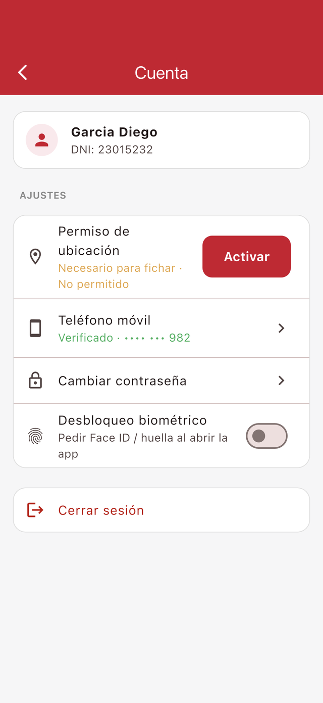 App Fichaje Ubiot: cuenta y ajustes